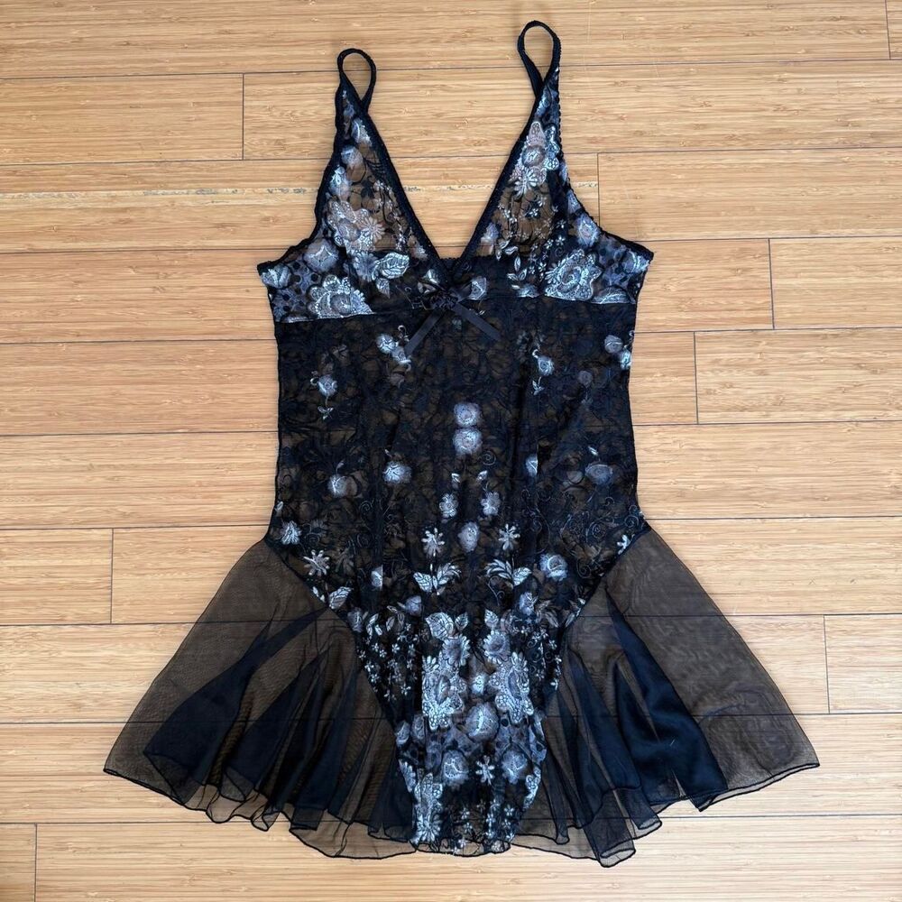Black Floral Lace Sheer Mesh Mini Dress Medium Large Y2K Fairy Grunge